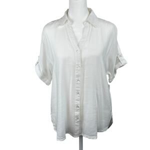 Gloria Vanderbilt Vintage White Cuffed Sleeve V-Neck Tunic Top S NWT Coastal